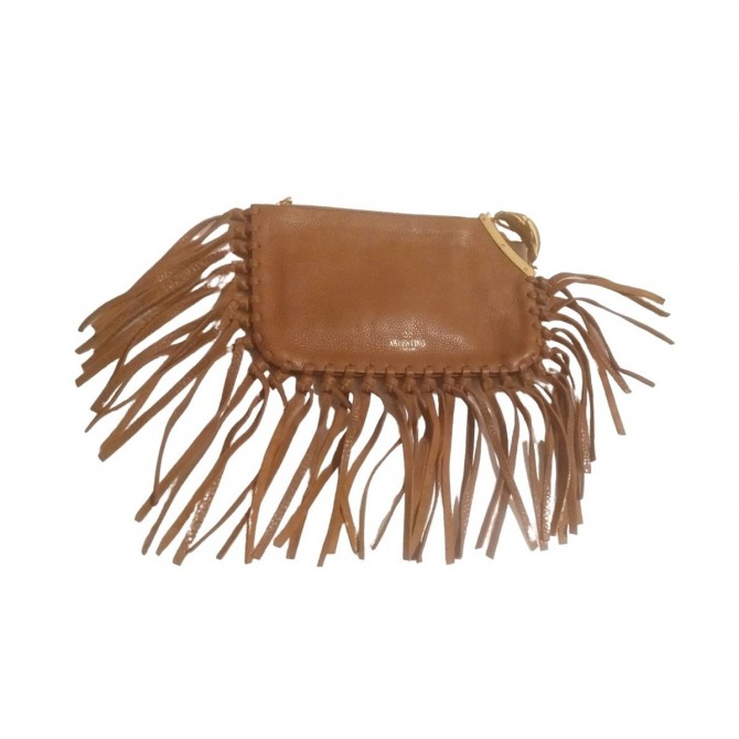 VALENTINO C Rockee Scarab Fringed Light Brown Leather Clutch