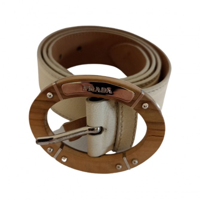 PRADA ecru leather logo buckle belt size 85
