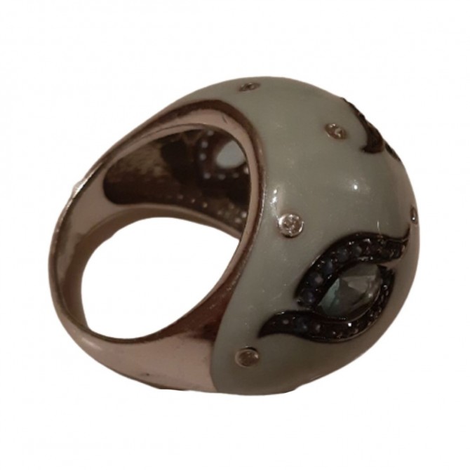 Enamel silver ring with white and black zircon and semi-precious stones size 57.5