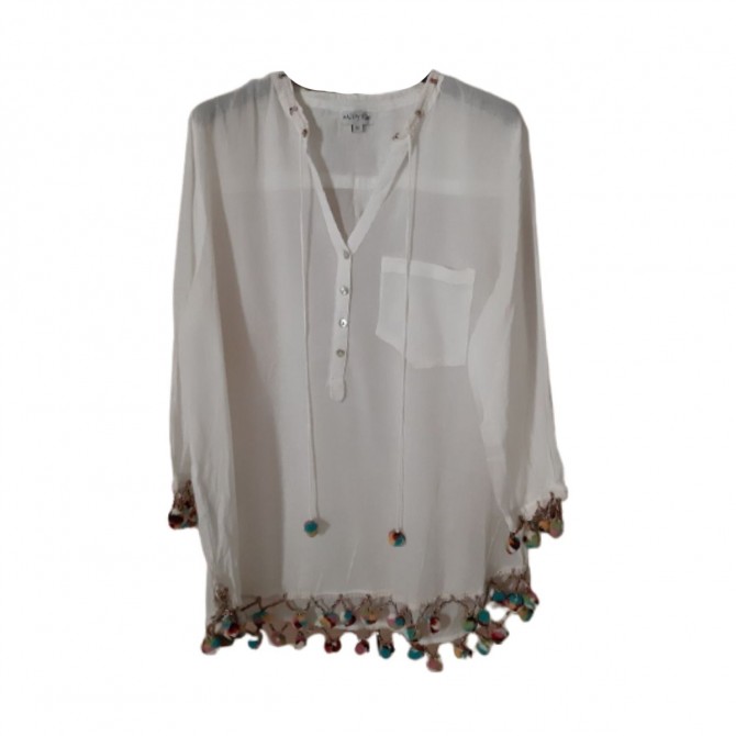 Linen sheer tunic with multicolor pom-poms size M