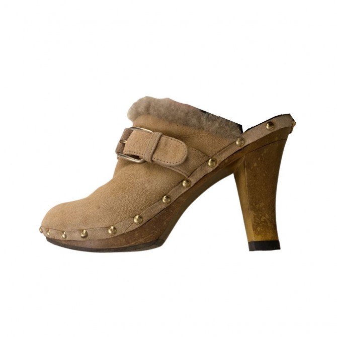 CELINE camel suede and fur heeled clogs size 39