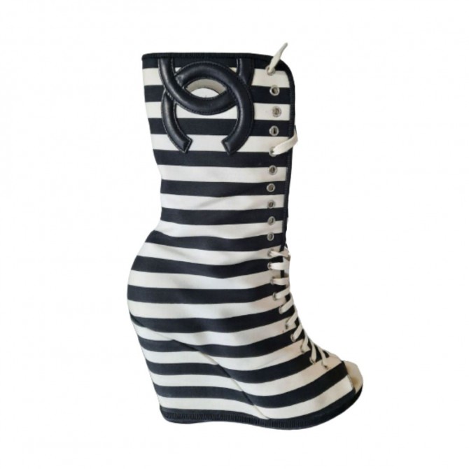 Chanel Black and  White Canvas Striped Peep Toe Wedge Ankle Booties size IT 38