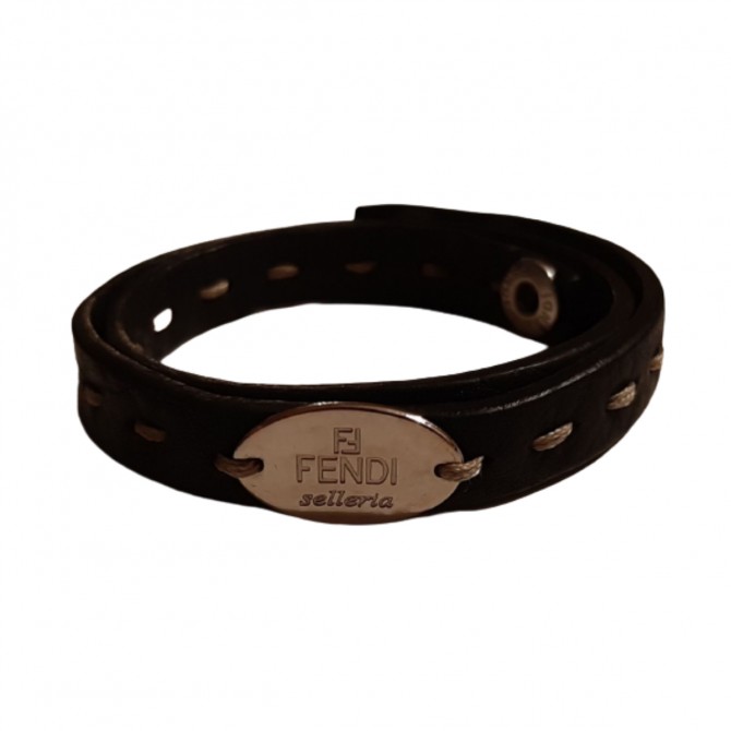 Fendi Selleria Double Wrap Black Leather Bracelet