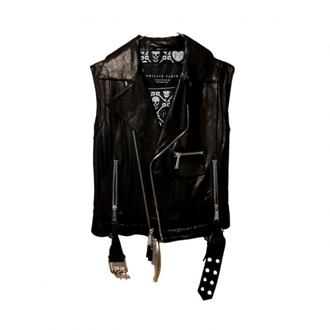 Philipp Plein black leather studded vest size S