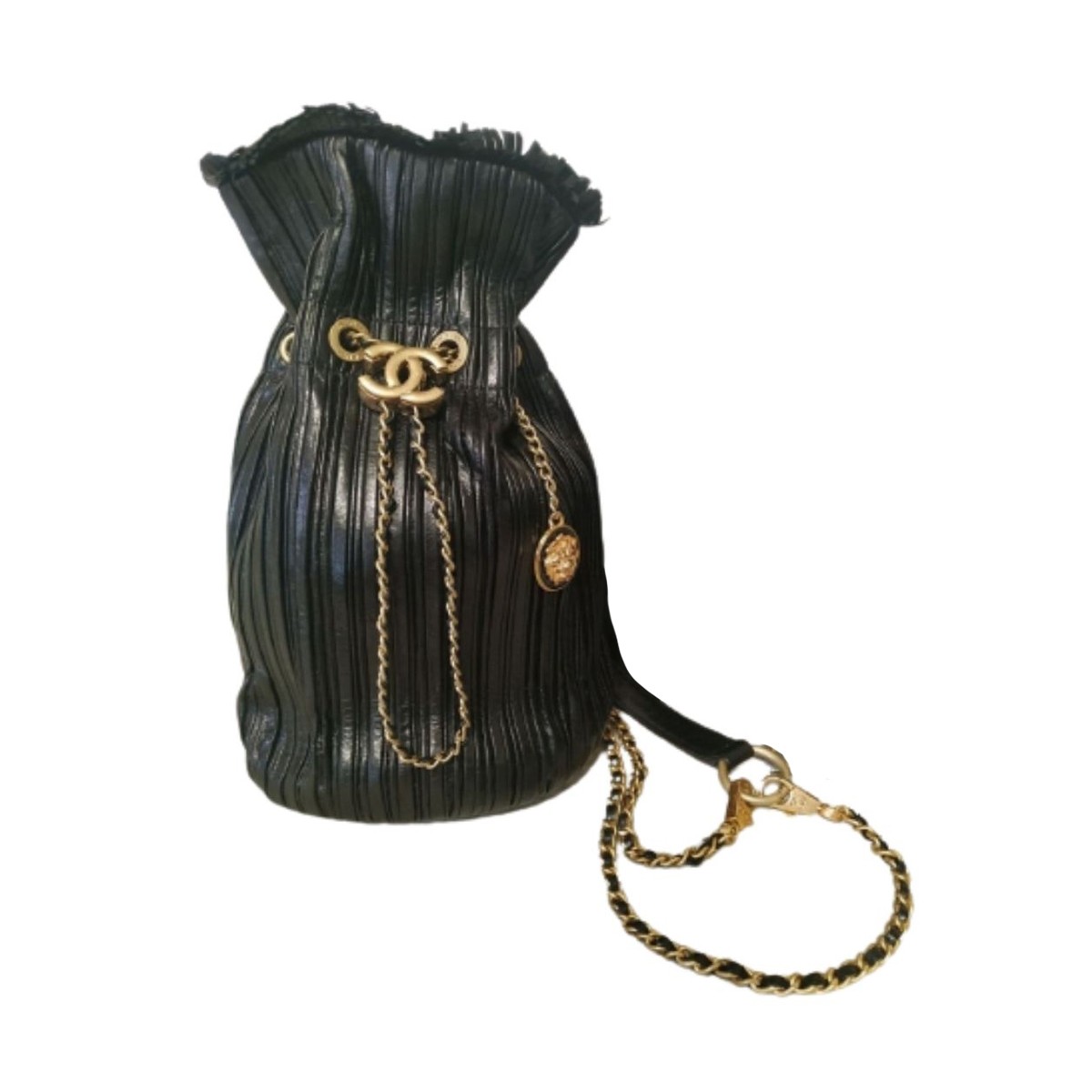CHANEL Iridescent Crumpled Calfskin Coco Pleats Small Drawstring Bag Black  370893