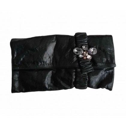 Max & co green leather clutch with crystal brooch 