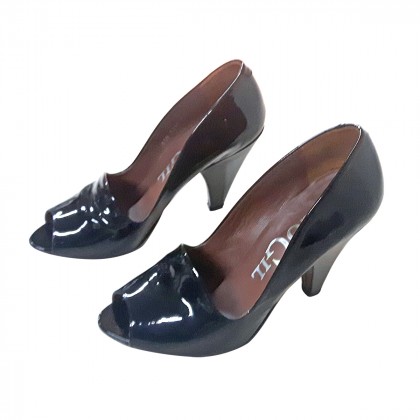 Paco GIl patent black peep toe heels