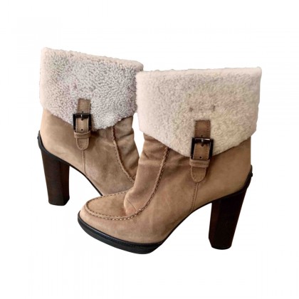 TOD'S beige suede and sheepskin ankle boots size 38