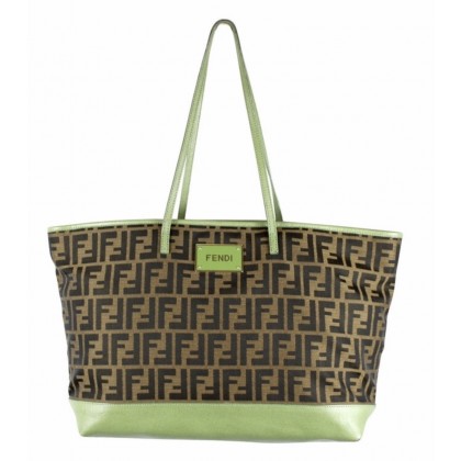 Fendi logo print tote with green leather details 