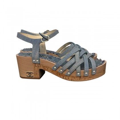 Chanel wedge strappy denim sandals size IT 38