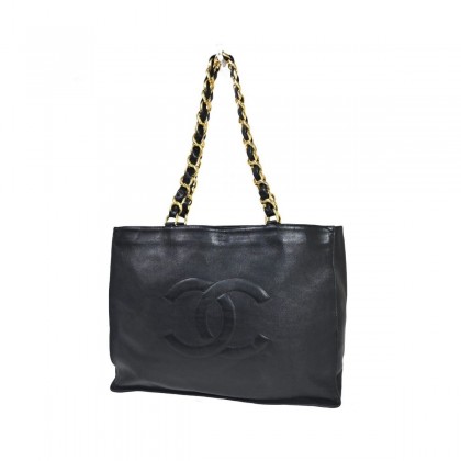 CHANEL large black CC logo leather bag