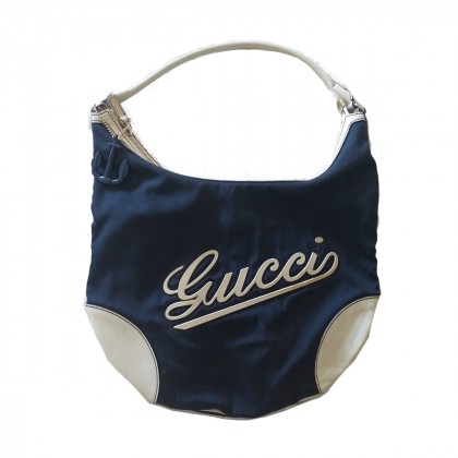 GUCCI navy/white cloth and leather logo shoulder bag 