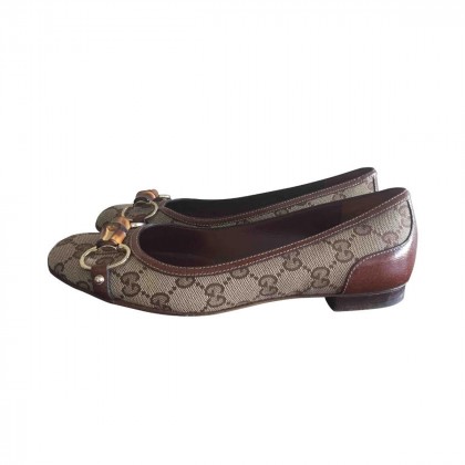 GUCCI Beige/Brown GG Canvas Bamboo Ballerina Flats size IT37