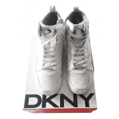 DKNY white leather sneakers.