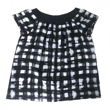 THEORY NAVY BLUE BLACK AND GREY CHECKED PATTERN SILK TOP SIZE S