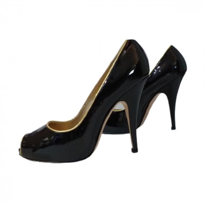 Giuseppe Zanotti design black patent leather peep toes with gold metallic leather trim size IT37