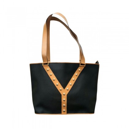 YVES SAINT LAURENT black canvas and camel leather tote bag