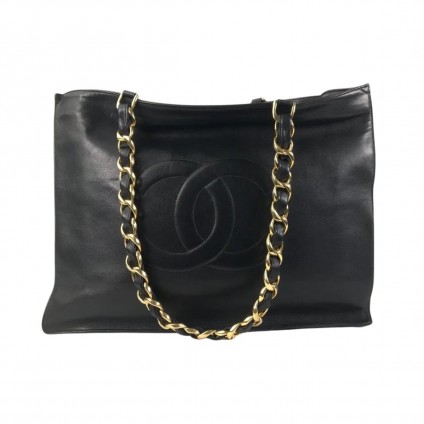 CHANEL large black CC logo leather bag